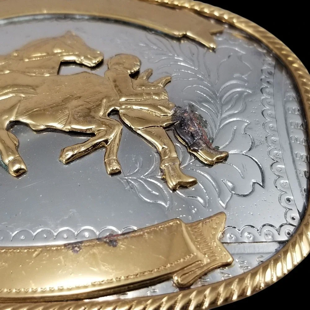 Vintage Belt Buckle Steer Wrestling German‎ Silver Gold Rodeo Western Oval